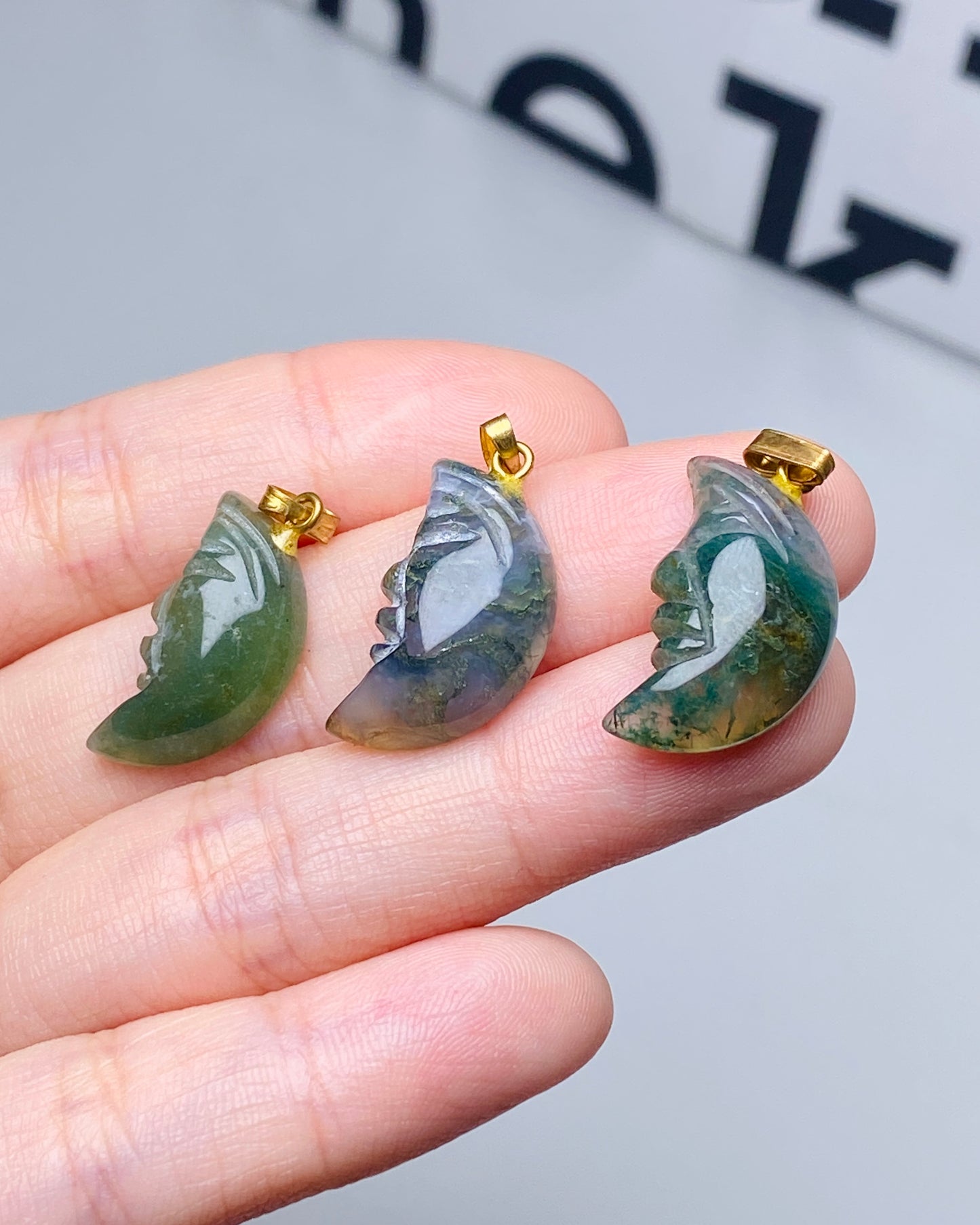 Moss Agate Moon Face Pendant