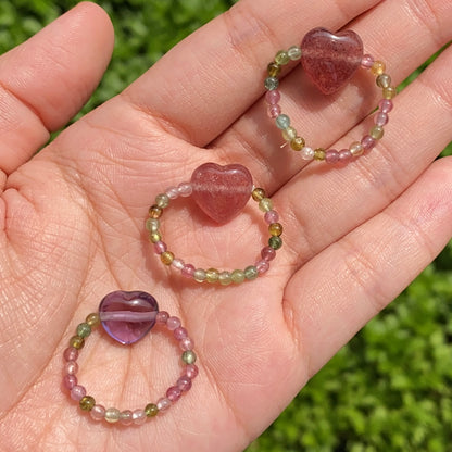 Strawberry Quartz with Tourmaline Heart Ring