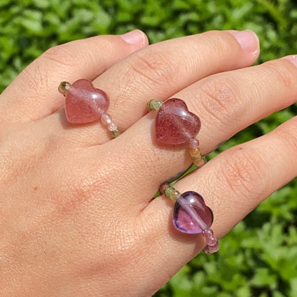 Strawberry Quartz with Tourmaline Heart Ring